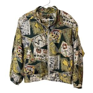 Vtg 80s River Edge Silk Bomber Jacket Womens S Map Print Full Zip 90s Travel